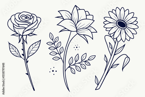 Minimalist line art flower tattoos in vector format
