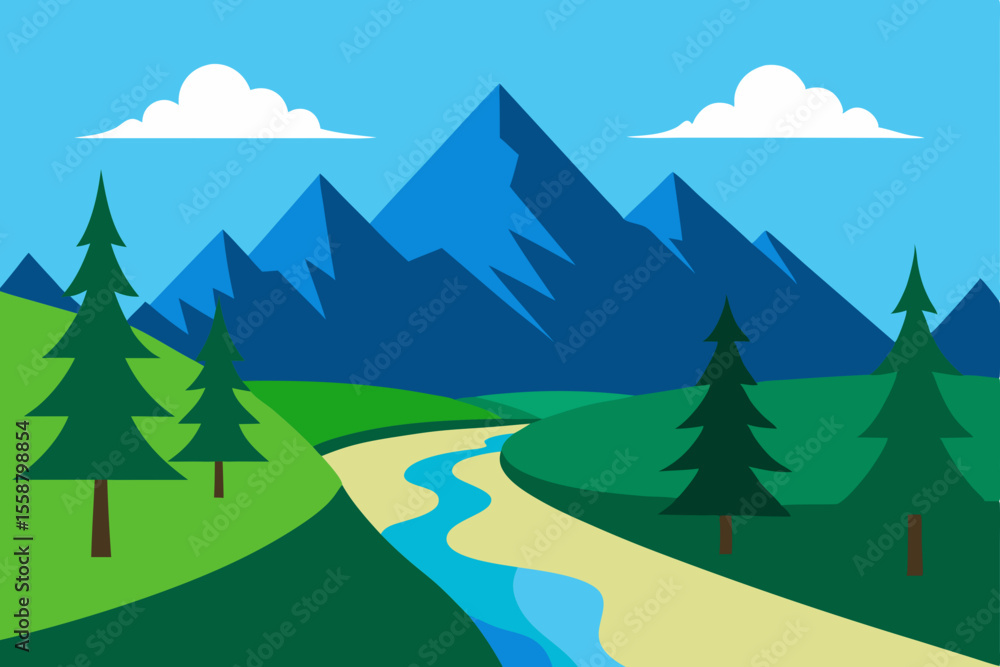 Fototapeta premium Serene Mountain River Landscape A Picturesque Vista of Nature's Beauty