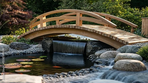 Wooden arched bridge over a water feature in a garden