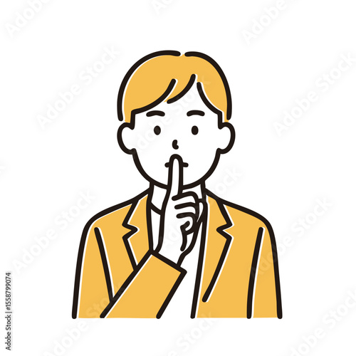 Man holding finger over lips “Shhh”, minimal line art illustration