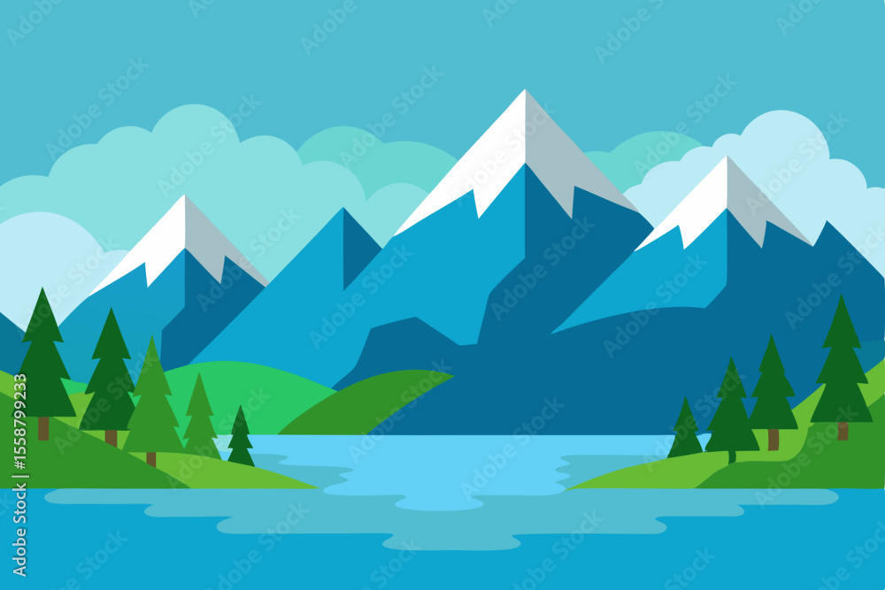 Naklejka premium Mountain landscape with snow-capped peaks, a serene lake, and a forest of trees under a vast sky with fluffy clouds