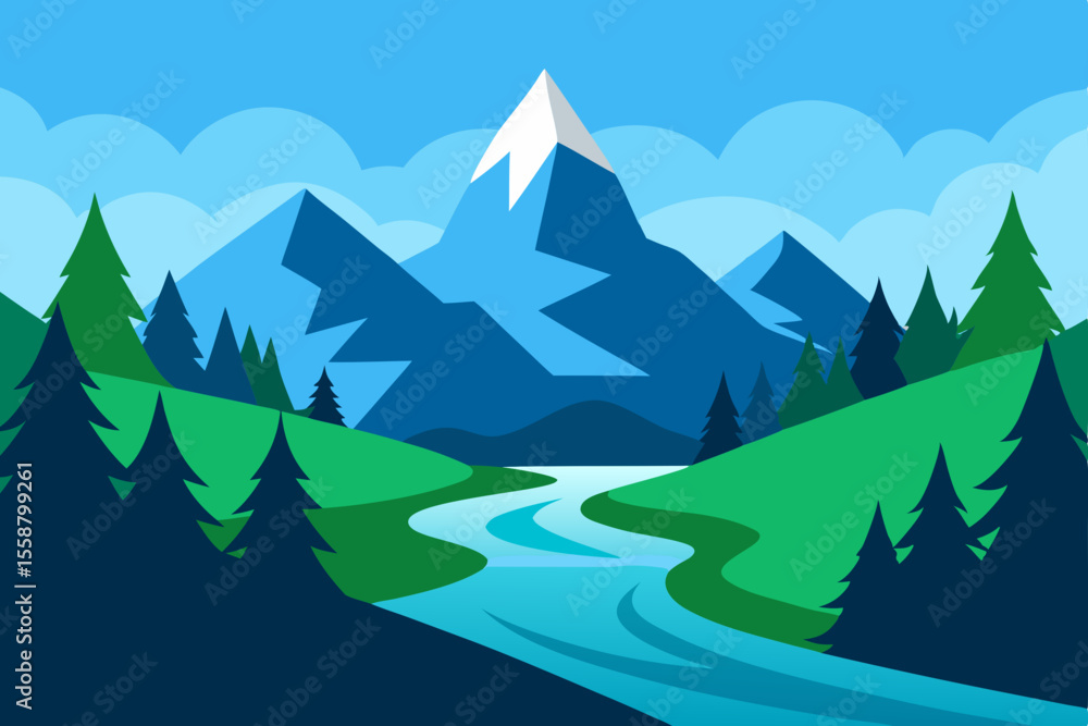 Fototapeta premium Here's a descriptive sentence for the image:A vector illustration of a winter mountain landscape with snow-covered trees and pine forests, perfect for a cold season or Christmas holiday design scene