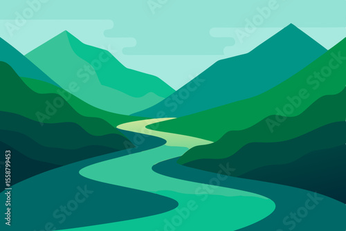A stunning mountain landscape at sunrise reveals a river winding through a valley, shrouded in mist under a blue sky with distant snow peaks