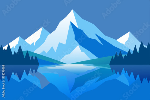 Mountain lake and snowy peaks reflect the winter sky in a serene natural landscape