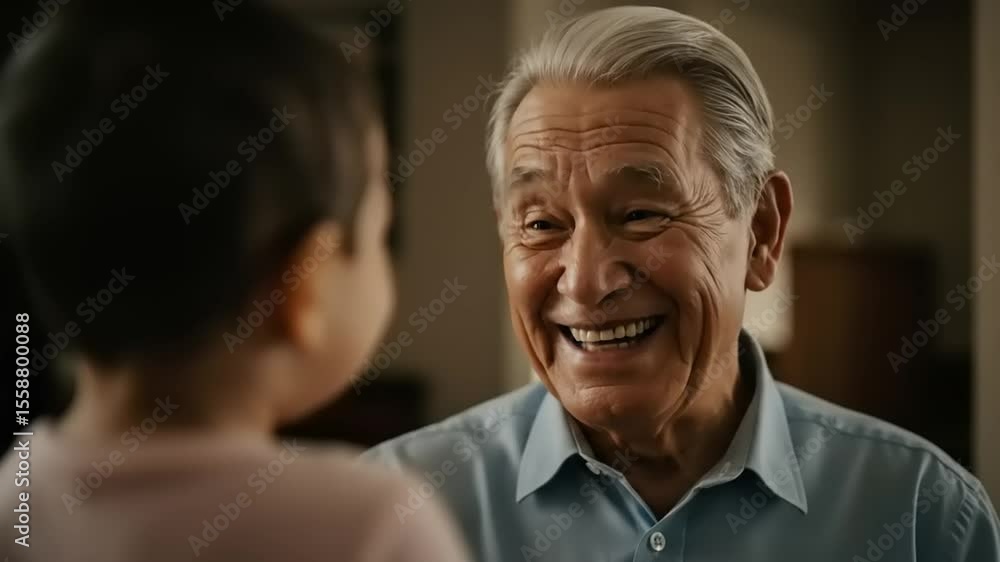 Joyful interaction between a smiling elderly man and a baby in a cozy indoor setting Joyful interaction between a smiling elderly man and a baby in a cozy indoor setting