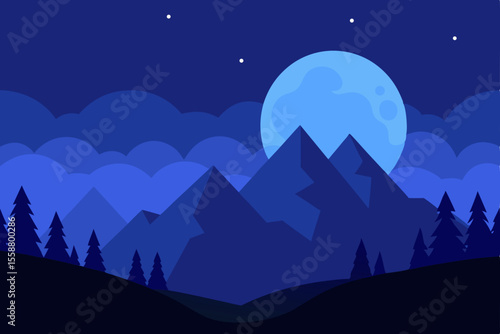 Serene Night Majestic Mountains Under a Blue Moon Landscape Illustration