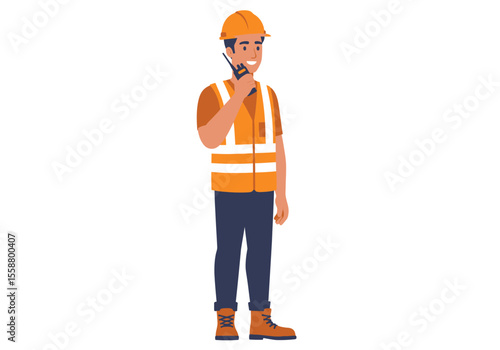A construction worker in a hard hat and vest holds a walkietalkie