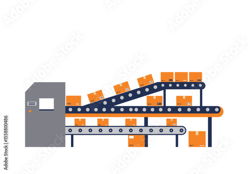 A conveyor belt carrying orange boxes moves through a gray machine