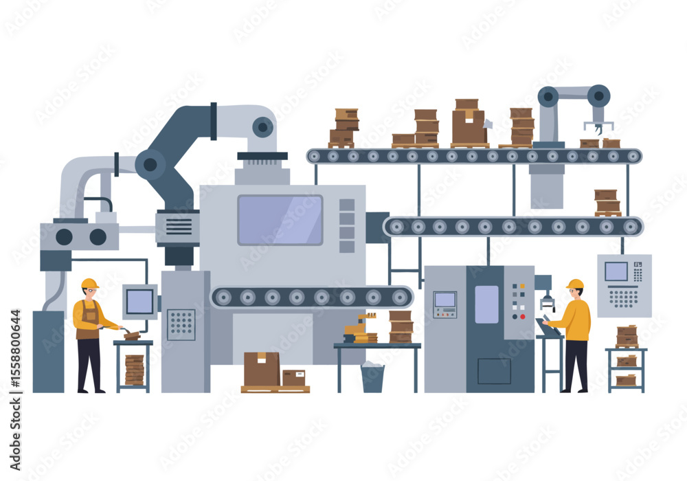 A manufacturing plant with workers and machinery producing and moving boxes A manufacturing plant with workers and machinery producing and moving boxes