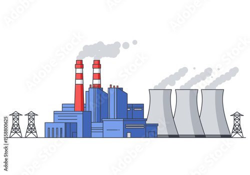 Billede på lærred A power plant with red striped smokestacks and cooling towers expelling grey smo