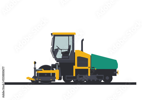 A teal yellow and gray vehicle with large treads and a cab is parked on a dark gray surface