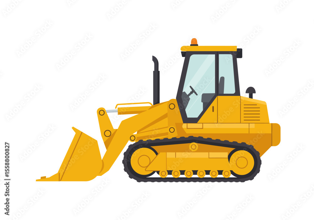 Obraz premium A yellow bulldozer faces left featuring a bucket treads cab and various mechanical elements