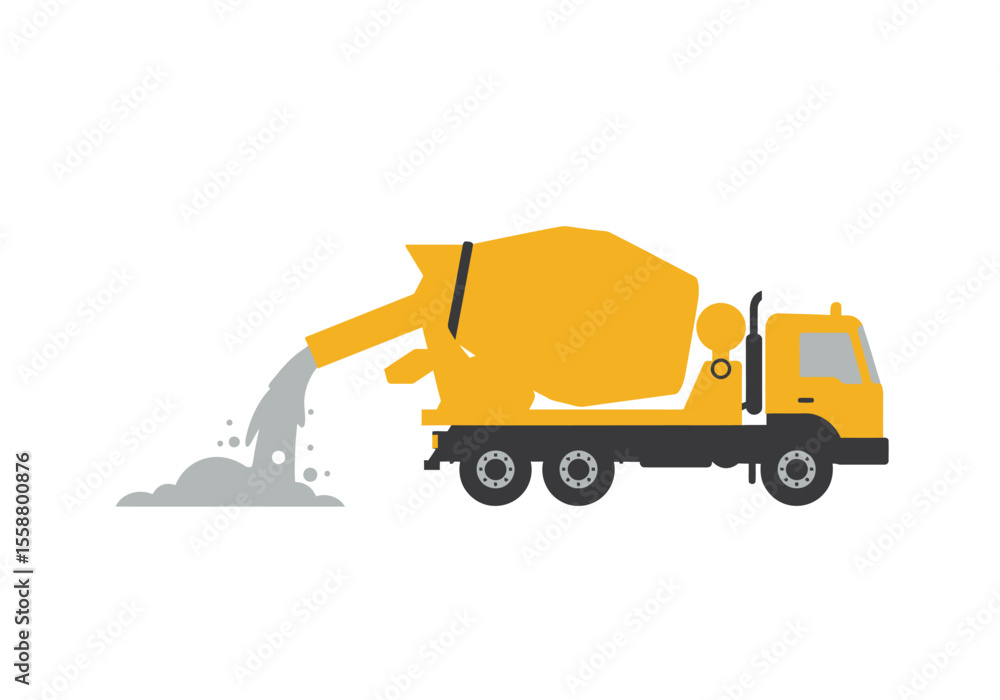 Naklejka premium A yellow cement truck pours gray liquid into a pile