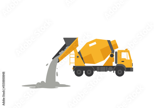 A yellow cement truck is pouring grey concrete onto the ground