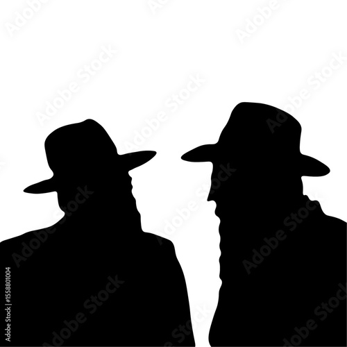 Silhouettes of two Jewish men in headdresses are negotiating with each other