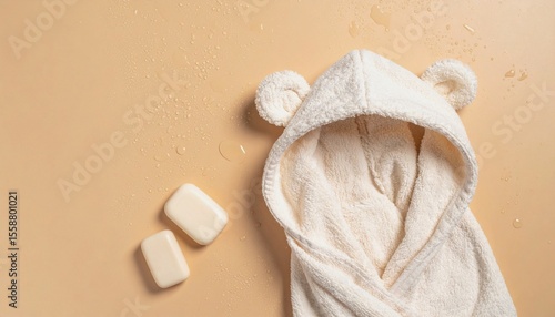 A rolled baby hooded towel with bear ears, baby soap, and water droplets around