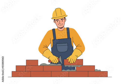 Cartoon bricklayer in yellow helmet  gloves building a brick wall with trowel  mortar