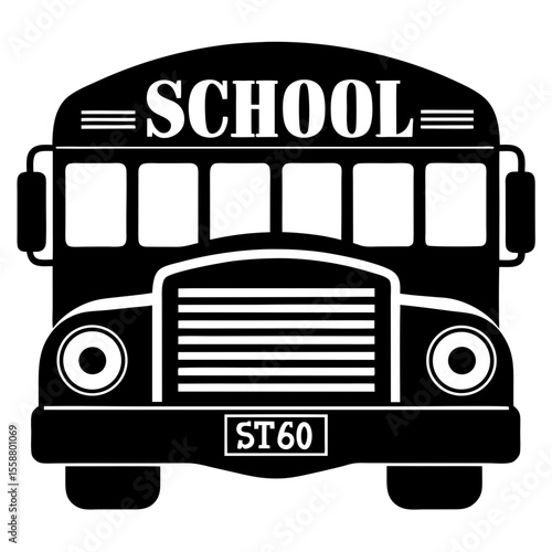 Front view of a school bus black and white silhouette vector illustration