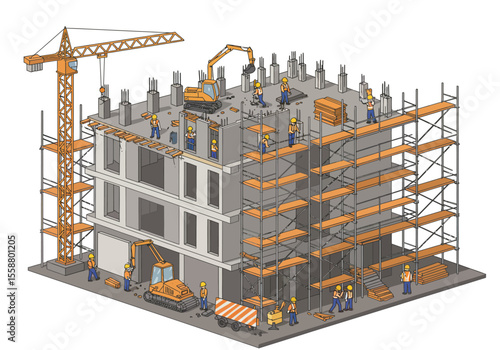 Construction scene unfinished building with crane scaffolding workers and construction machinery