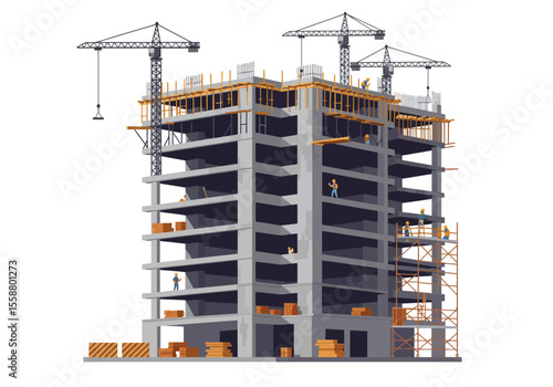 Concrete building under construction featuring cranes and scaffolding