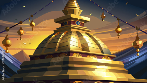 Zoom on the gilded stupa’s surface, shimmering under early evening light. Small golden bells dangle along the rim, chiming faintly in the soft breeze.

