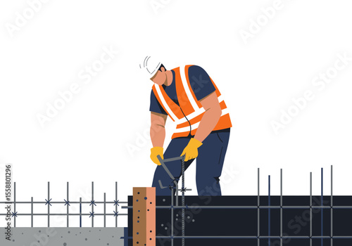 Construction worker in hard hat  vest ties rebar at a site with concrete foundation  formwork