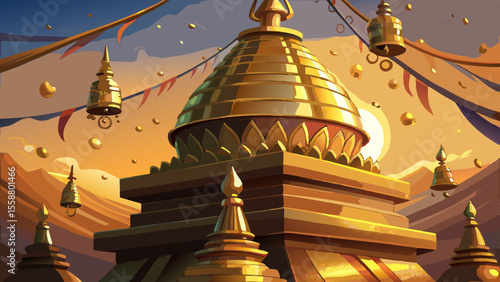 Zoom on the gilded stupa’s surface, shimmering under early evening light. Small golden bells dangle along the rim, chiming faintly in the soft breeze.

