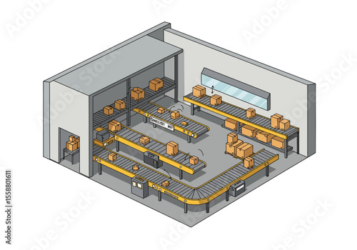 Isometric view of a warehouse with conveyors  boxes shelves