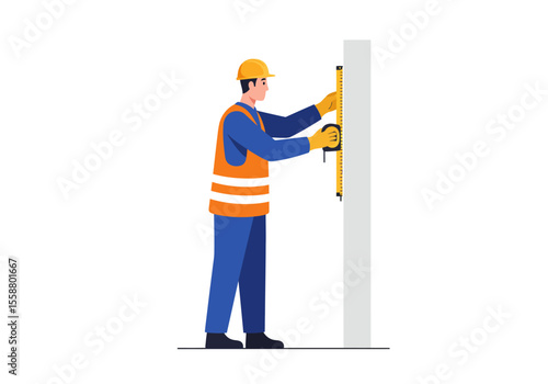 Man in hard hat and safety vest measures a gray wall with a yellow measuring tape