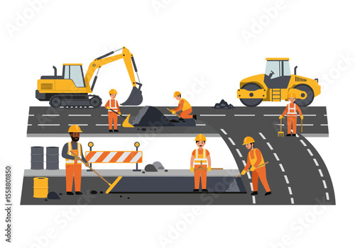 Road work scene machinery workers and ongoing construction on multiple levels of road