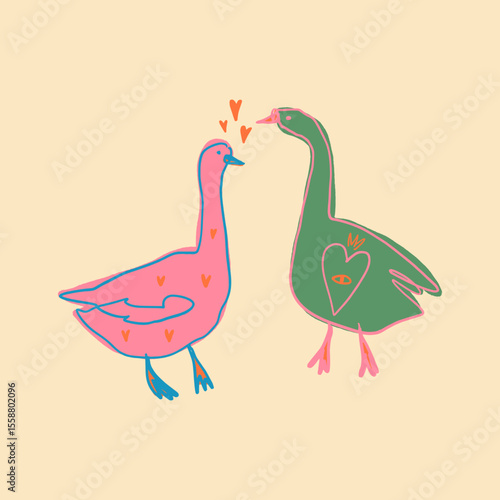 Cute goose couple. Adorable farm birds in scandinavian style bright color poster or postcard, funny cartoon animals characters and heart. Childish design print, kids and nursery decor. Vector cartoon