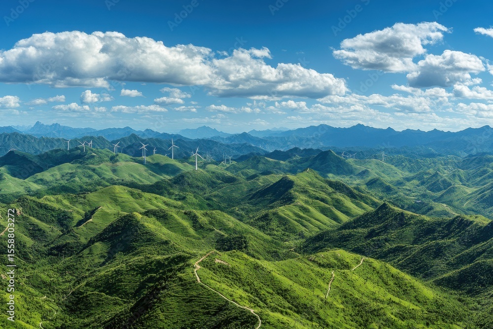Naklejka premium wind turbines on green field in summer
