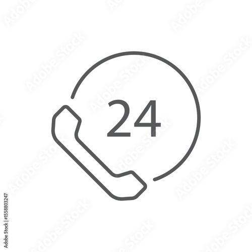 Line style icon of a phone receiver encircled by '24', symbolizing 24/7 customer support, continuous service, or always-on availability