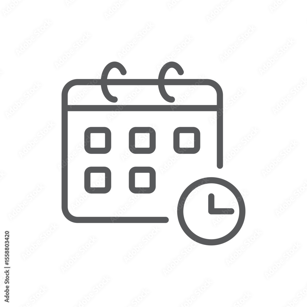 Line style icon of a calendar with a clock, representing scheduled events, appointments, time management, and deadlines Line style icon of a calendar with a clock, representing scheduled events, appointments, time management, and deadlines