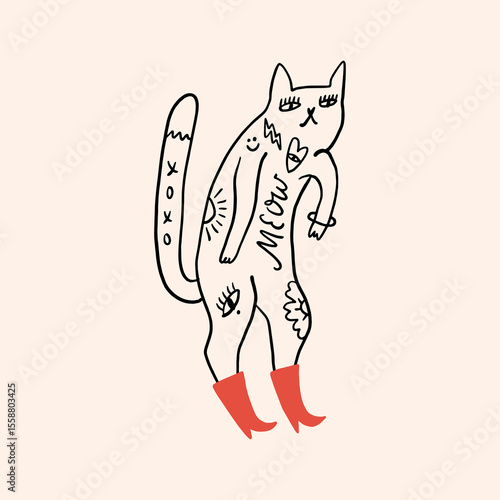 Vector clip-art fashion tattooed cat in red color boots sticker. EPS and JPG illustration. Funky kitten doodle trendy print, colorful hand drawn childish cartoon positive vibe art. Groovy kids girlish