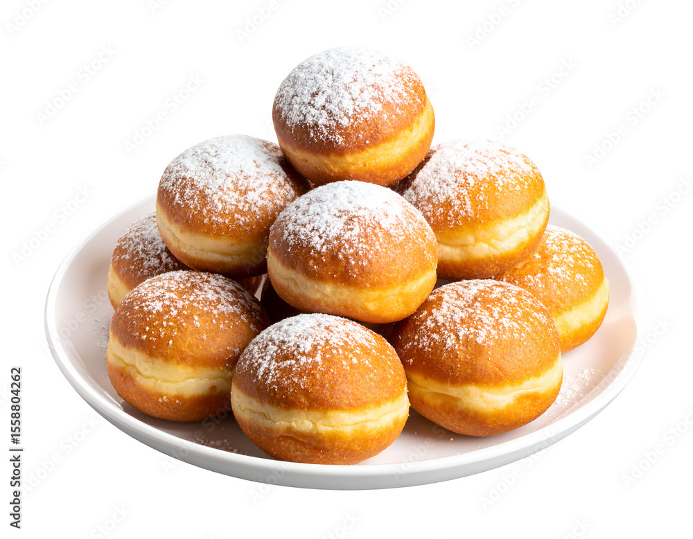 Delicious golden donuts covered in powdered sugar, stacked invitingly on a clean plate. Delicious golden donuts covered in powdered sugar, stacked invitingly on a clean plate.