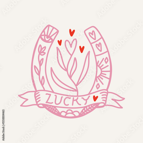 Cowgirl western art groovy boho hippie coquette aesthetic. Pink horseshoe with Lucky text lettering. Hand drawn line coloring art vector illustration clipart. Bohemian postmodern funky psychedelic