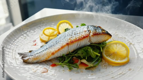 Australian barramundi, grilled and served with lemon and herbs, placed on a fresh white plate with bright natural light
