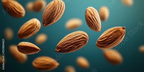 almonds floating in the air on a uniform background