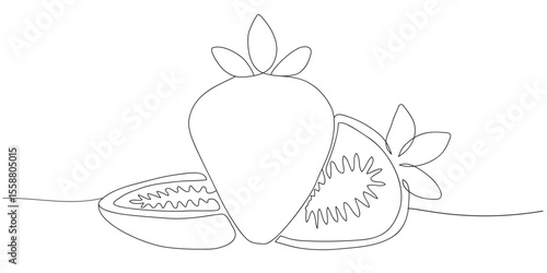 Minimalist one line illustration of whole strawberry and slices. Ideal for coloring pages, educational materials, children's activities, product packaging, and modern food themed artwork