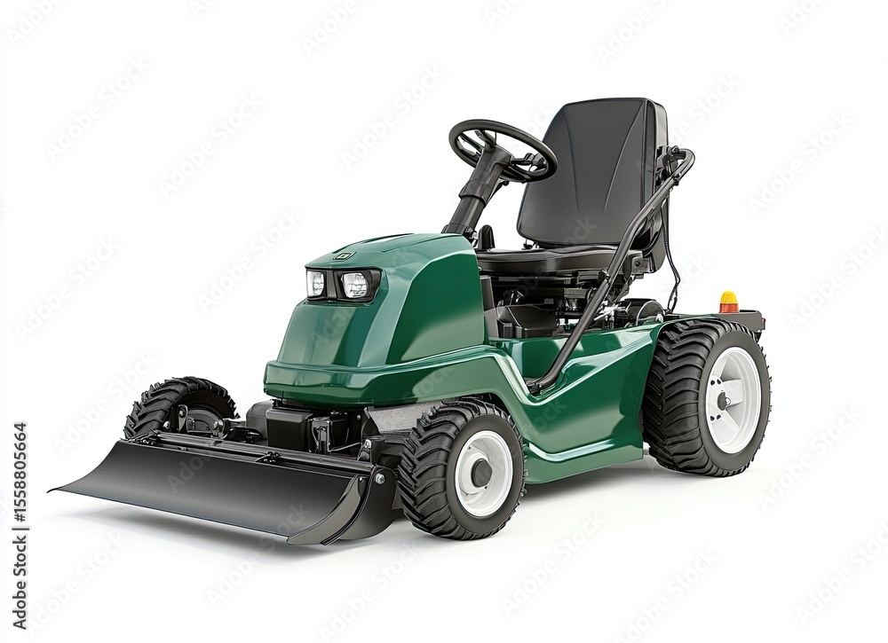 Fototapeta premium Green riding lawn mower with a black cutting deck isolated on white background.