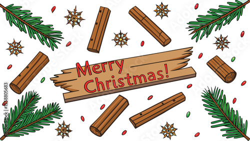 Scattered Pine Needles On Wooden Planks Merry Christmas.