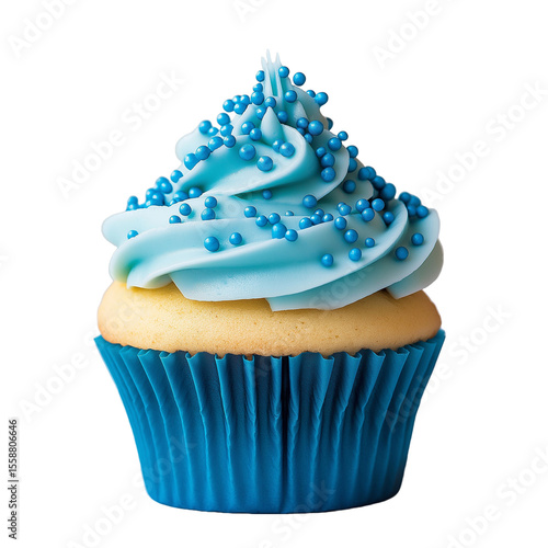 Blue cupcake with blue sprinkles isolated on white background, png