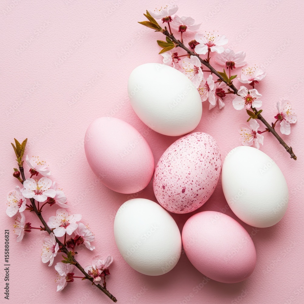 Pastel Pink and White Eggs with Cherry Blossoms Flatlay Pastel Pink and White Eggs with Cherry Blossoms Flatlay