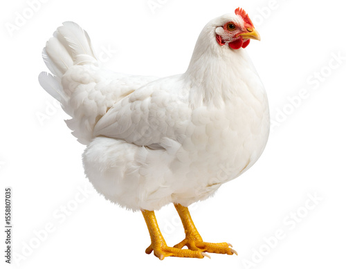 A pristine white chicken stands gracefully, showcasing its healthy plumage and vibrant comb.