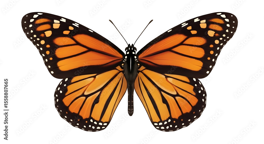 Obraz premium Monarch butterfly showcasing its vibrant orange and black wings against a contrasting dark backdrop, creating a striking visual for various design applications.