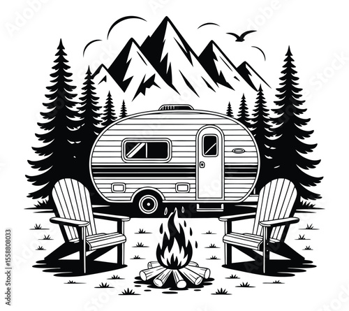 Mountain Road Trip Vector, Retro Camping Trailer Logo for Outdoor Lifestyle & Holiday Use On White Background

