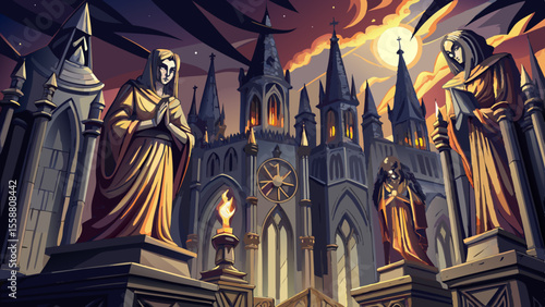 Gothic spires loom above detailed stone saints and angels, each carved with solemn expression. Light from nearby candles flickers across the dark stone wall.

