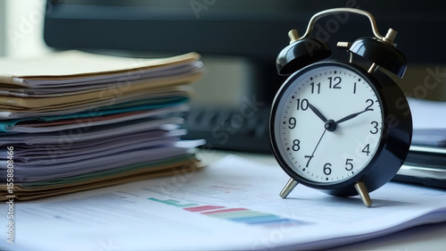 Black Alarm Clock with Paperwork on Desk Time Management