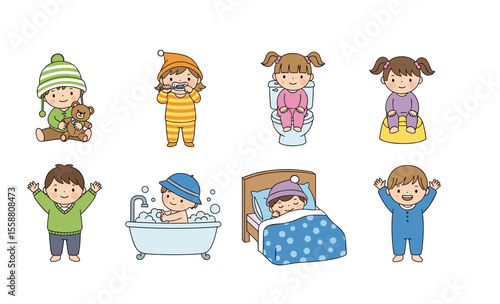 Cute Toddler Kids Daily Routine: Adorable Babies Learning Self-Care, From Brushing Teeth to Potty Training and Bedtime Habits